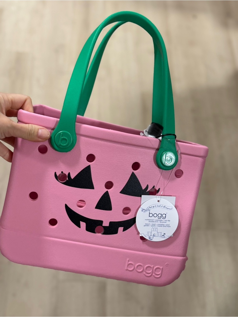 Bogg Pink Halloween Jack-O'-Lantern Tote with Green Handles - Picture 1 of 2